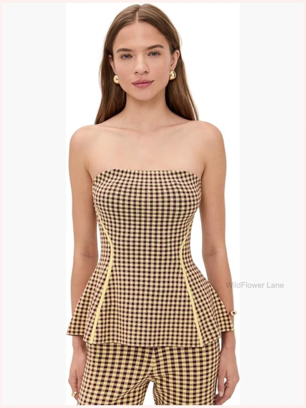 Strapless Peplum Tops Blouses Women's Gingham Checkered